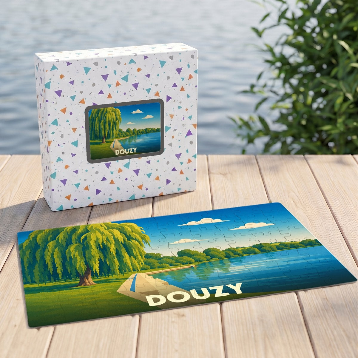 Puzzle souvenir de la ville de Douzy illustrant un paysage de bord de lac avec un saule pleureur.