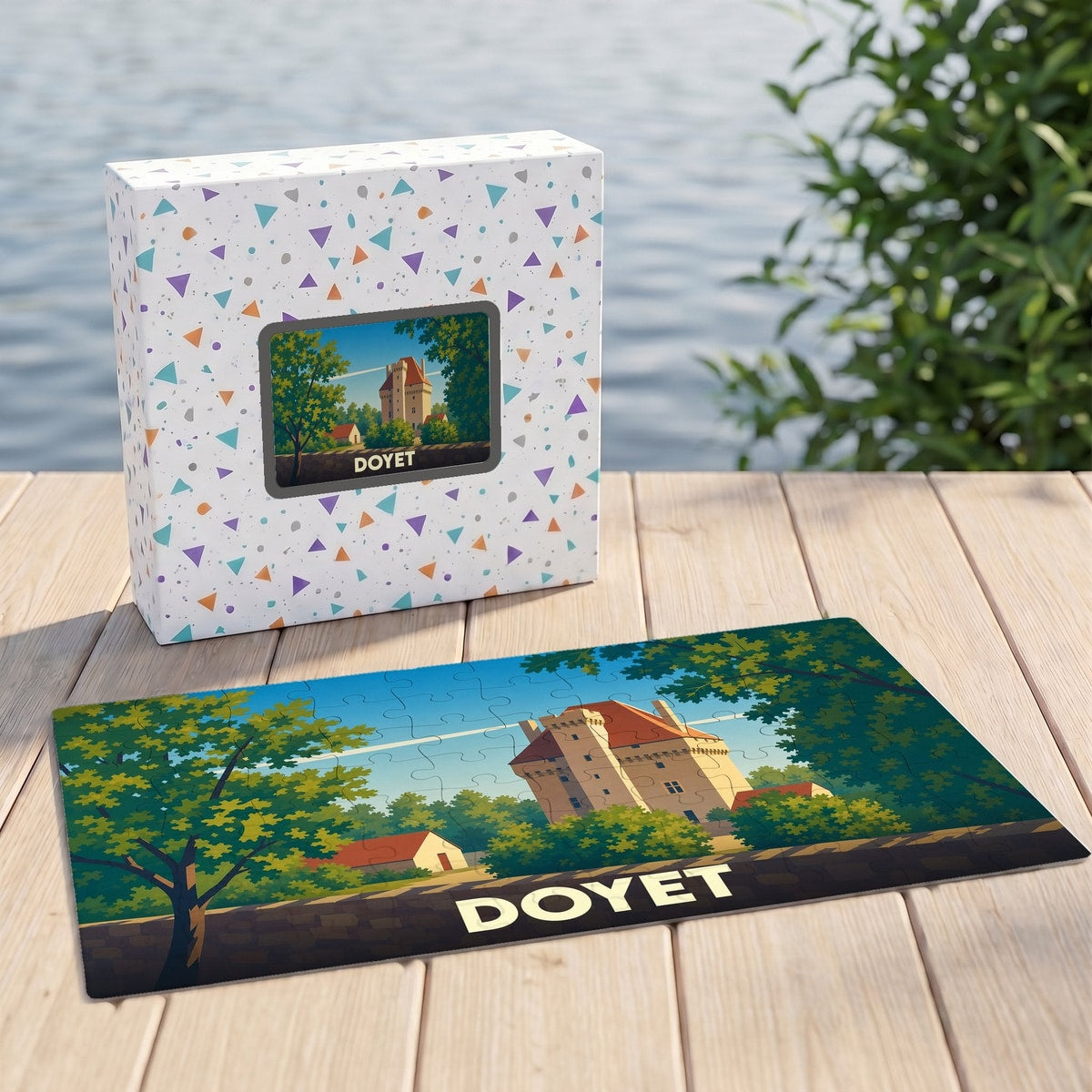 Puzzle souvenir de la ville de Doyet avec une illustration stylisée d'un château.