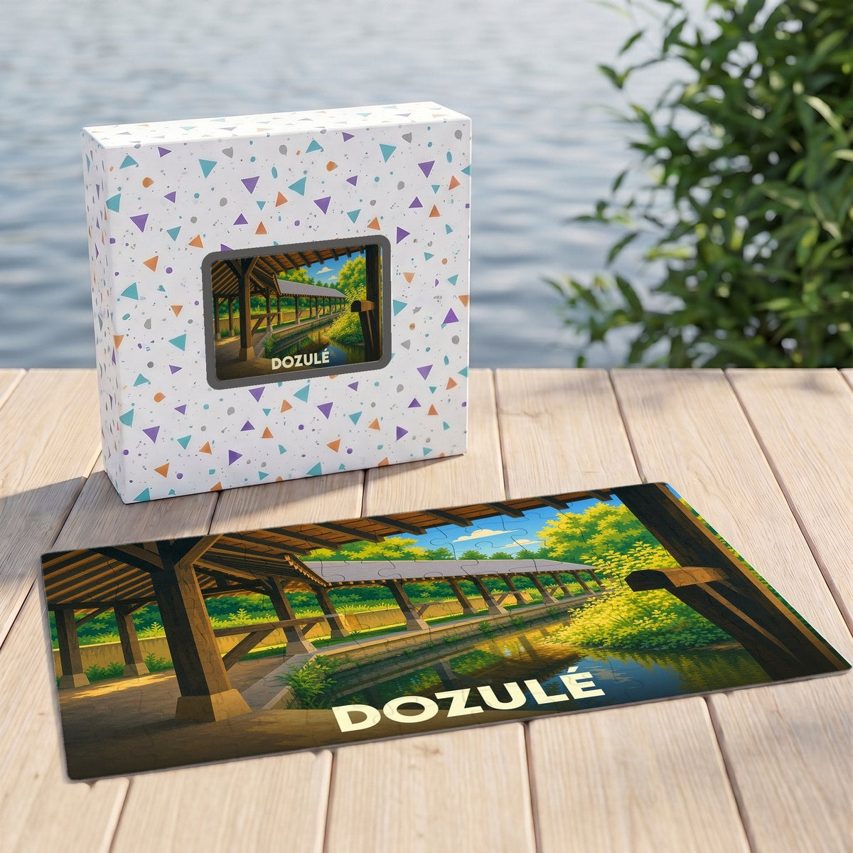 Puzzle souvenir de la ville de Dozulé illustré d'un pont couvert niché dans un paysage verdoyant.