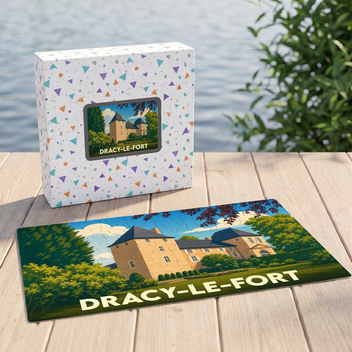 Puzzle souvenir de la ville de Dracy-le-Fort avec une illustration stylisée de son château.