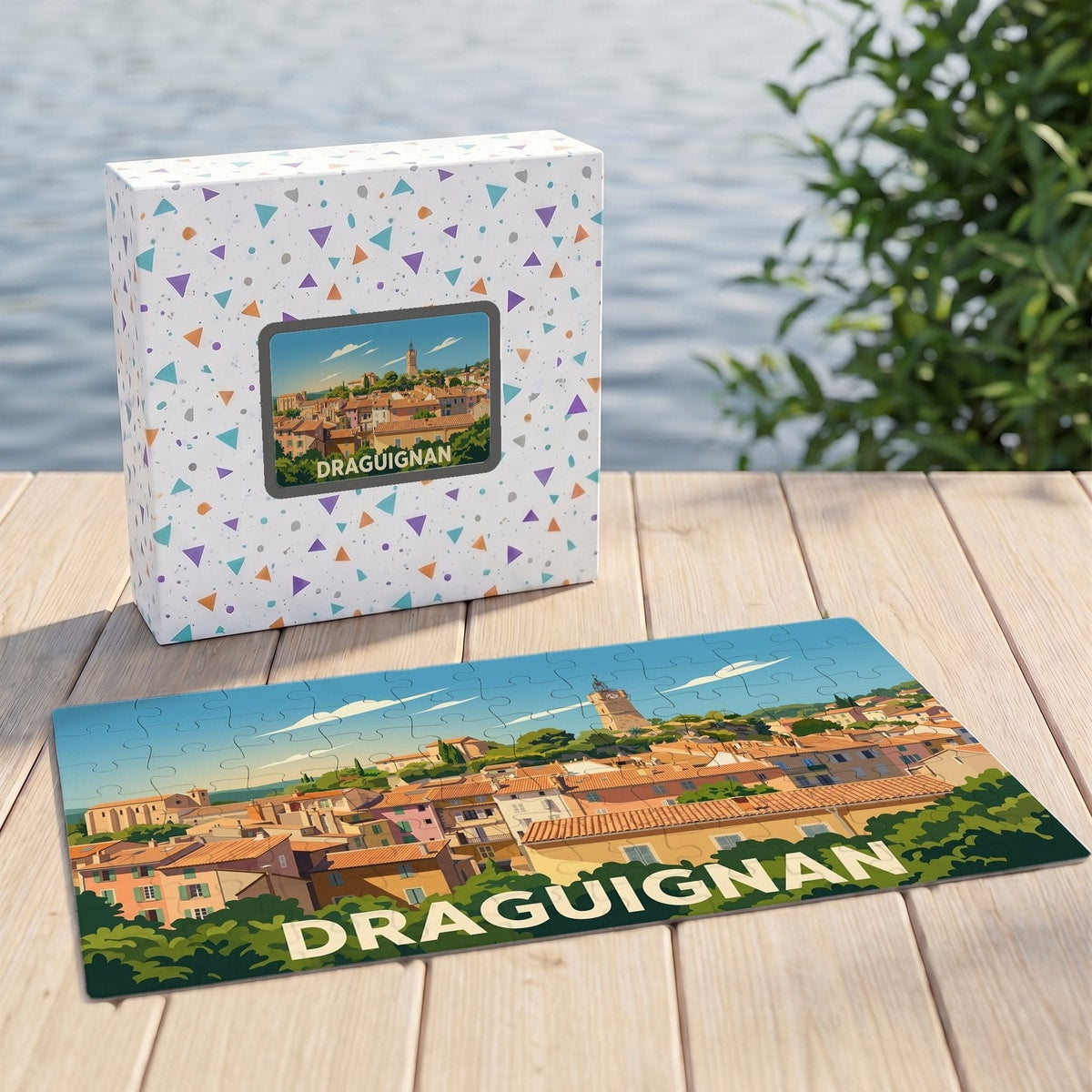 Puzzle souvenir de la ville de Draguignan présentant une illustration stylisée de ses toits provençaux.
