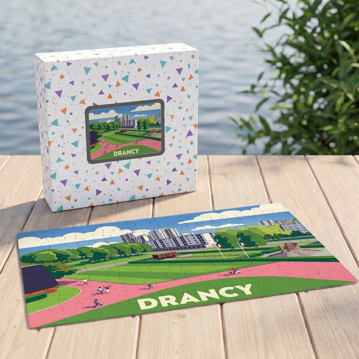 Puzzle souvenir de la ville de Drancy avec une illustration stylisée d'un parc urbain.