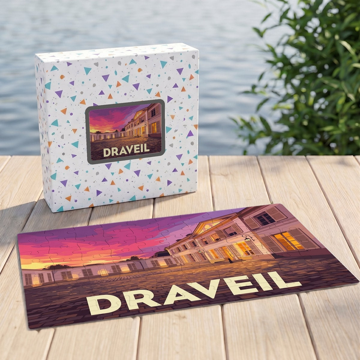 Puzzle souvenir de la ville de Draveil avec une illustration stylisée d'un bâtiment au coucher du soleil.