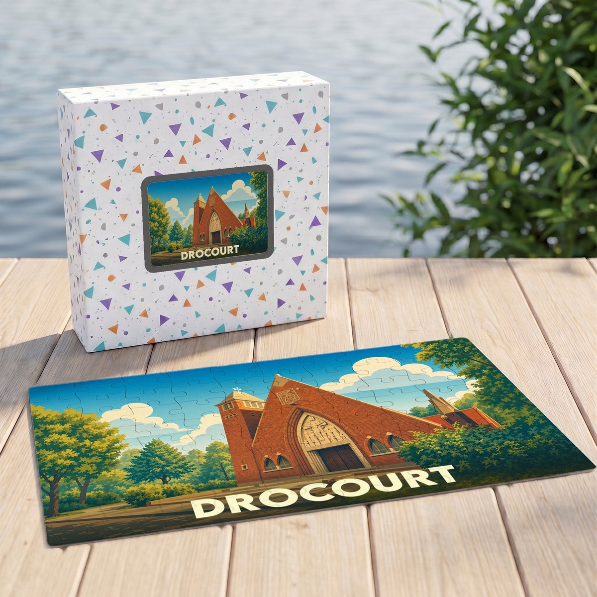 Puzzle souvenir de la ville de Drocourt représentant son église dans un style illustré.