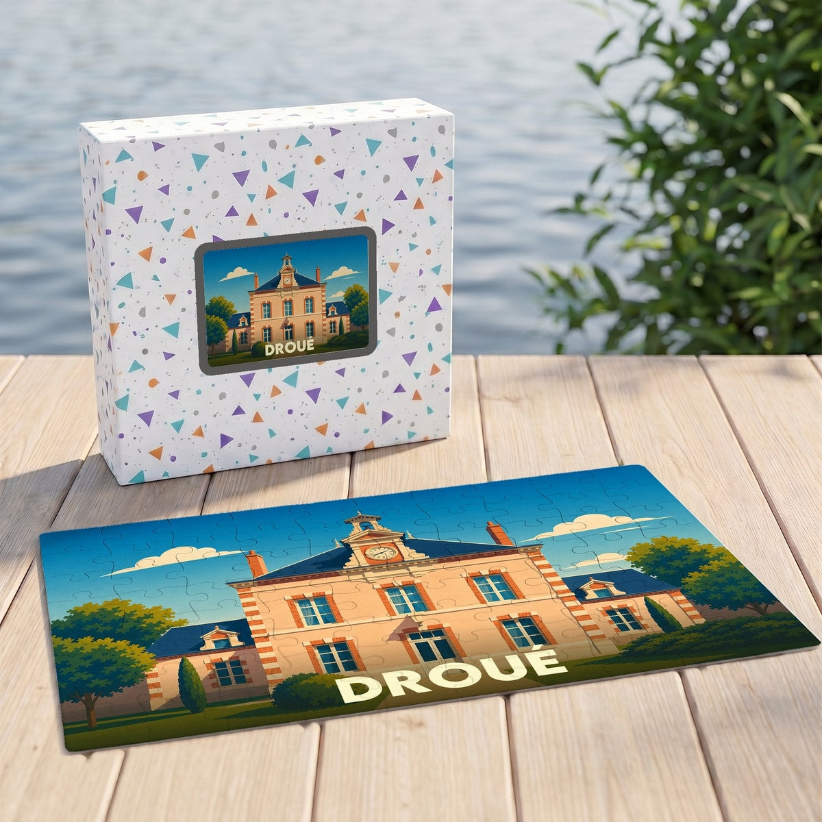 Puzzle souvenir de la ville de Droué illustrant un bâtiment historique dans un style graphique épuré.