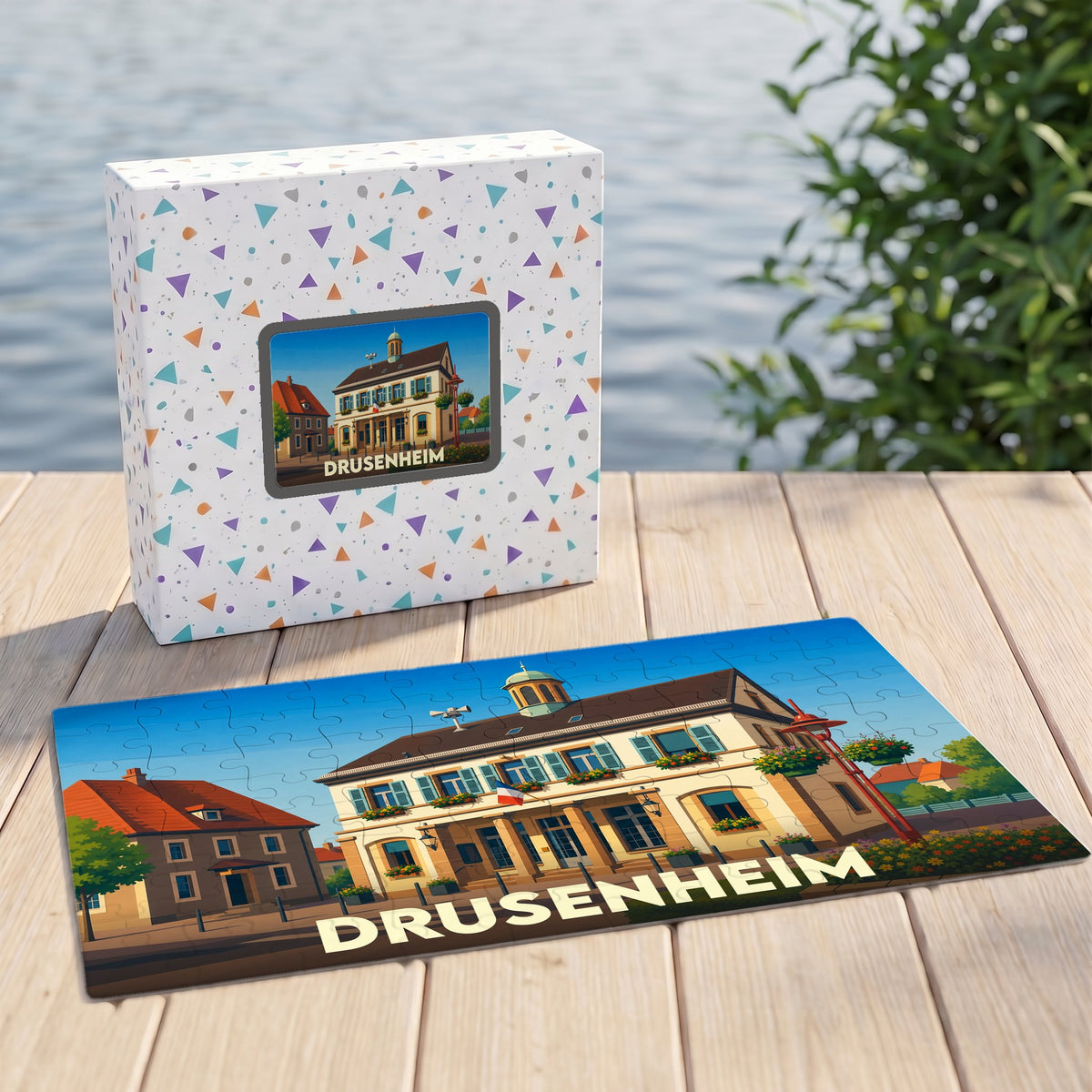 Puzzle souvenir de la ville de Drusenheim représentant une illustration stylisée de sa mairie.