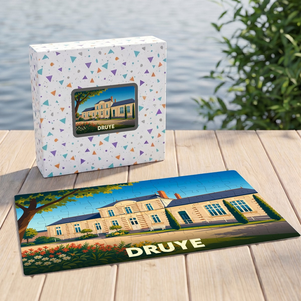 Puzzle souvenir de la ville de Druye avec une illustration stylisée de son architecture locale.