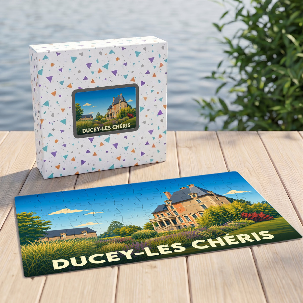 Puzzle souvenir de la ville de Ducey-Les Chéris avec une illustration stylisée d'un château.