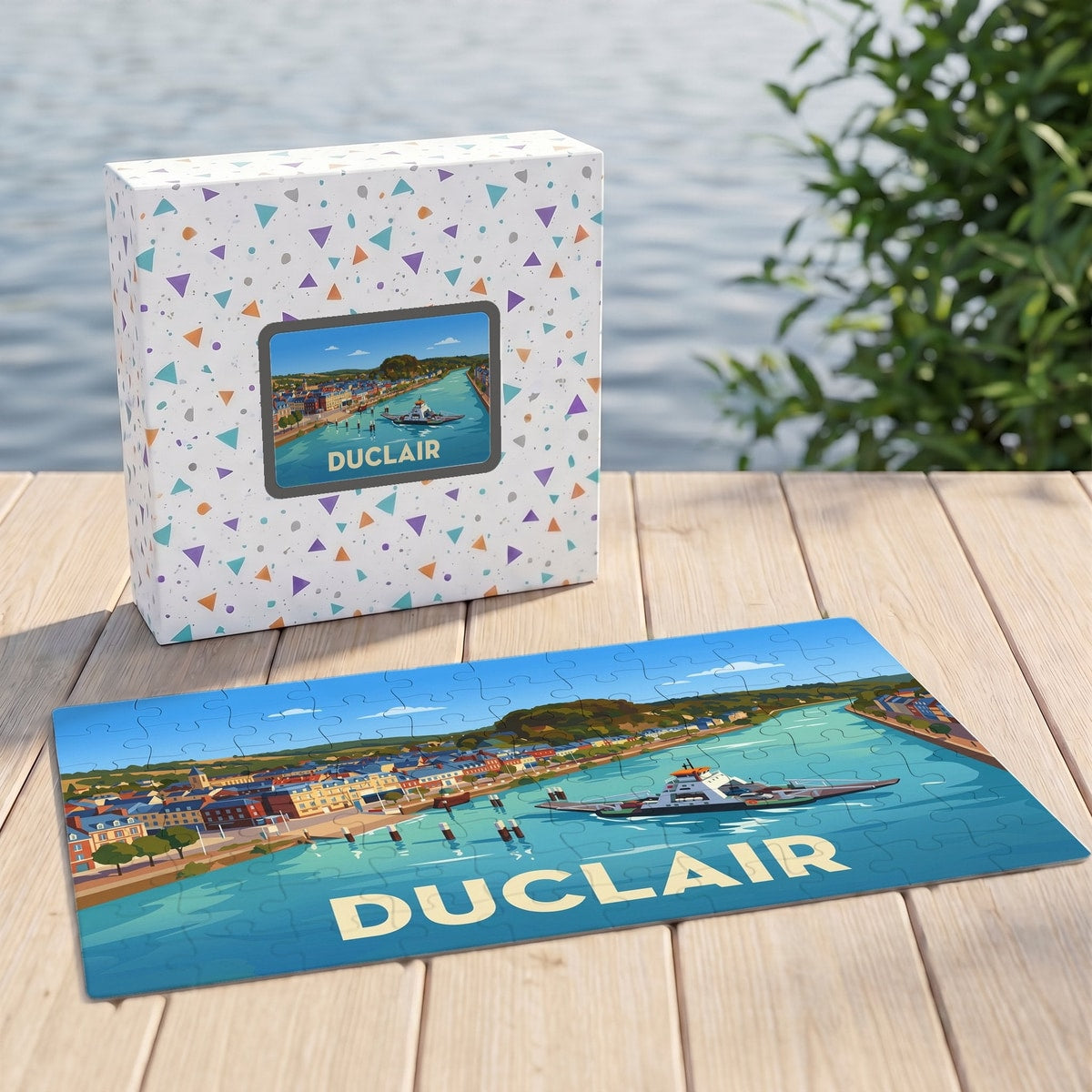 Puzzle souvenir de la ville de Duclair avec une illustration stylisée et colorée de ses quais et du bac sur la Seine.
