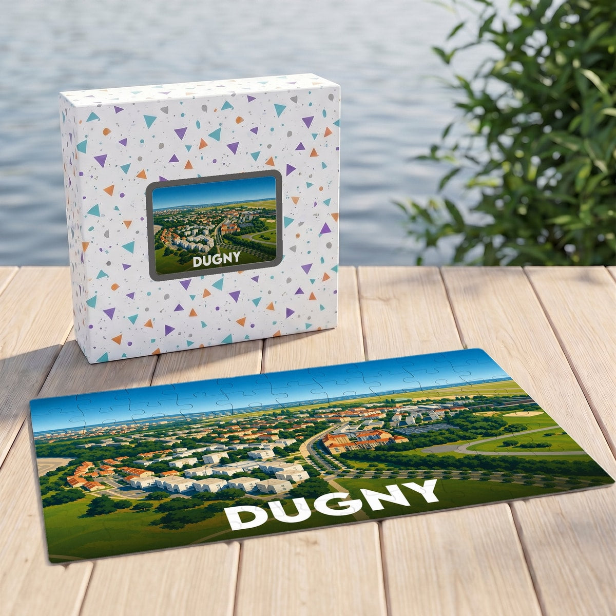 Puzzle souvenir de la ville de Dugny représentant une vue aérienne illustrée.
