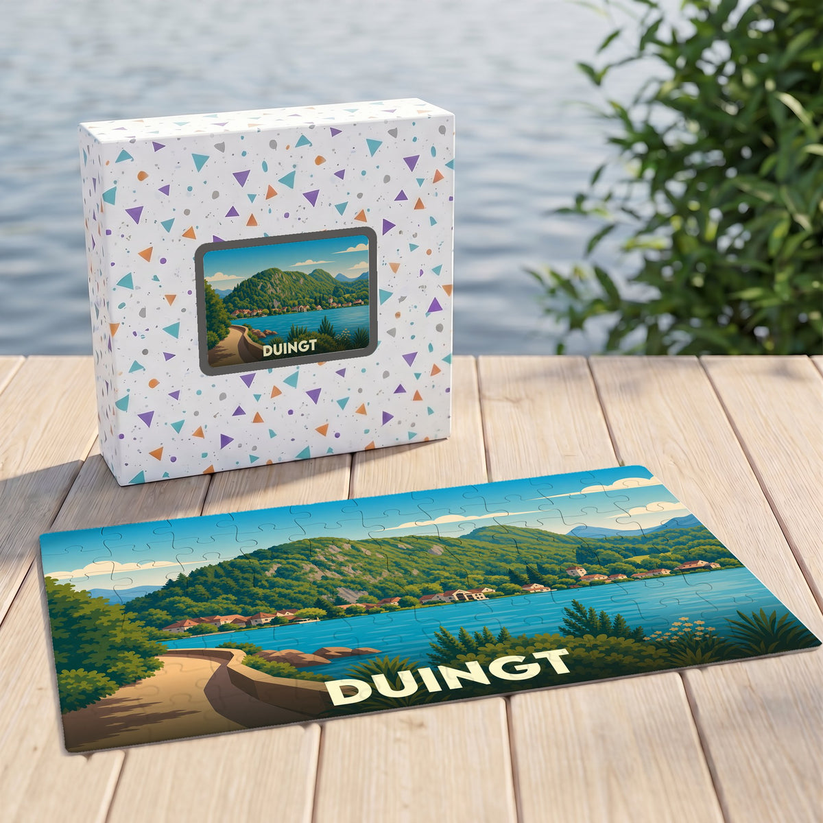 Puzzle souvenir de la ville de Duingt avec une illustration stylisée d'un paysage lacustre.