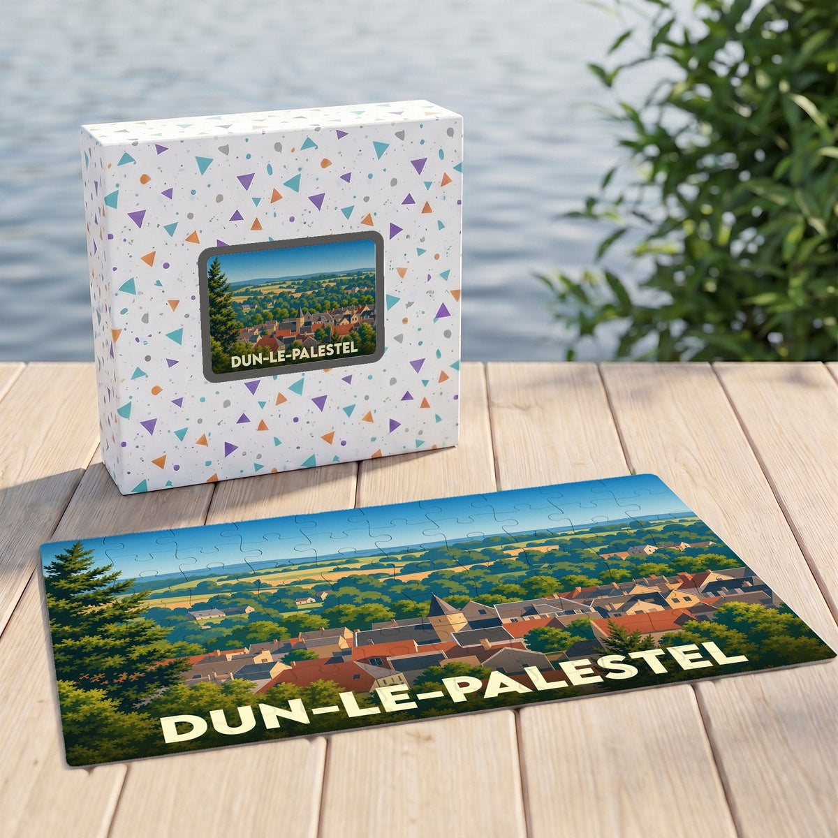 Puzzle souvenir de la ville de Dun-le-Palestel avec une illustration panoramique stylisée.