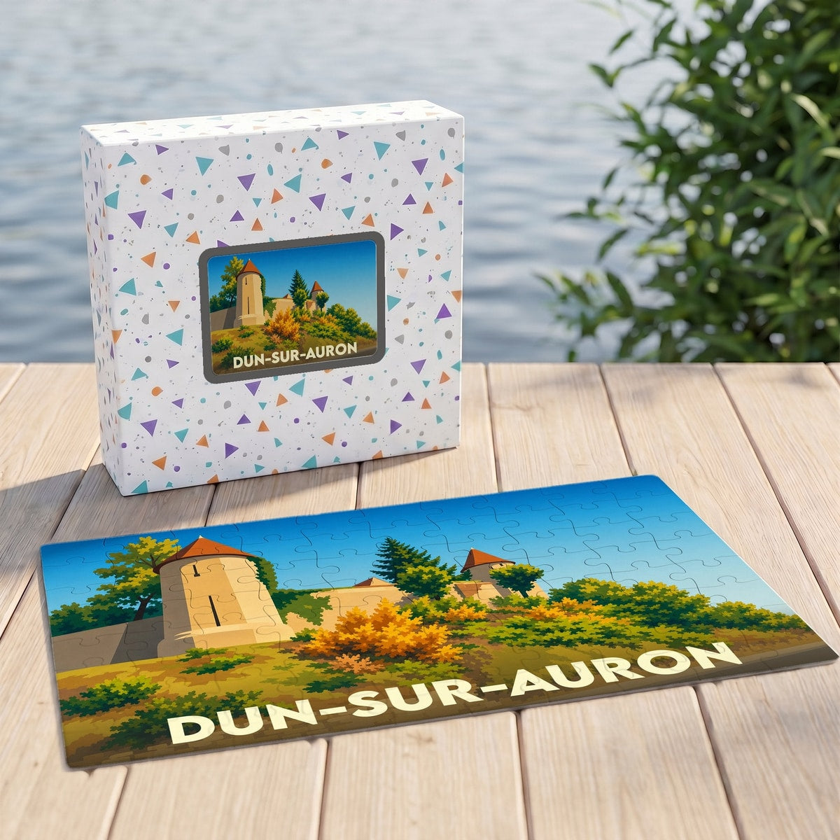 Puzzle souvenir de la ville de Dun-sur-Auron avec une illustration stylisée d'un château médiéval.
