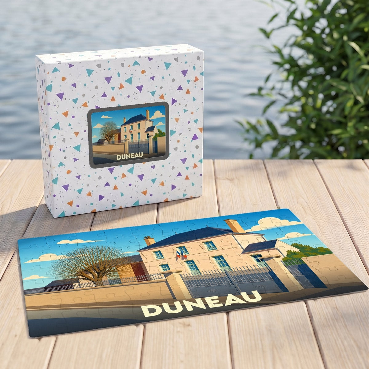 Puzzle souvenir de la ville de Duneau illustrant sa mairie dans un style graphique épuré.
