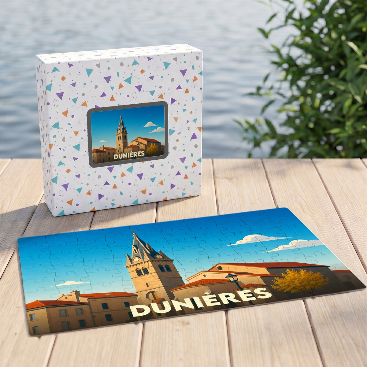 Puzzle souvenir de la ville de Dunières avec une illustration stylisée.