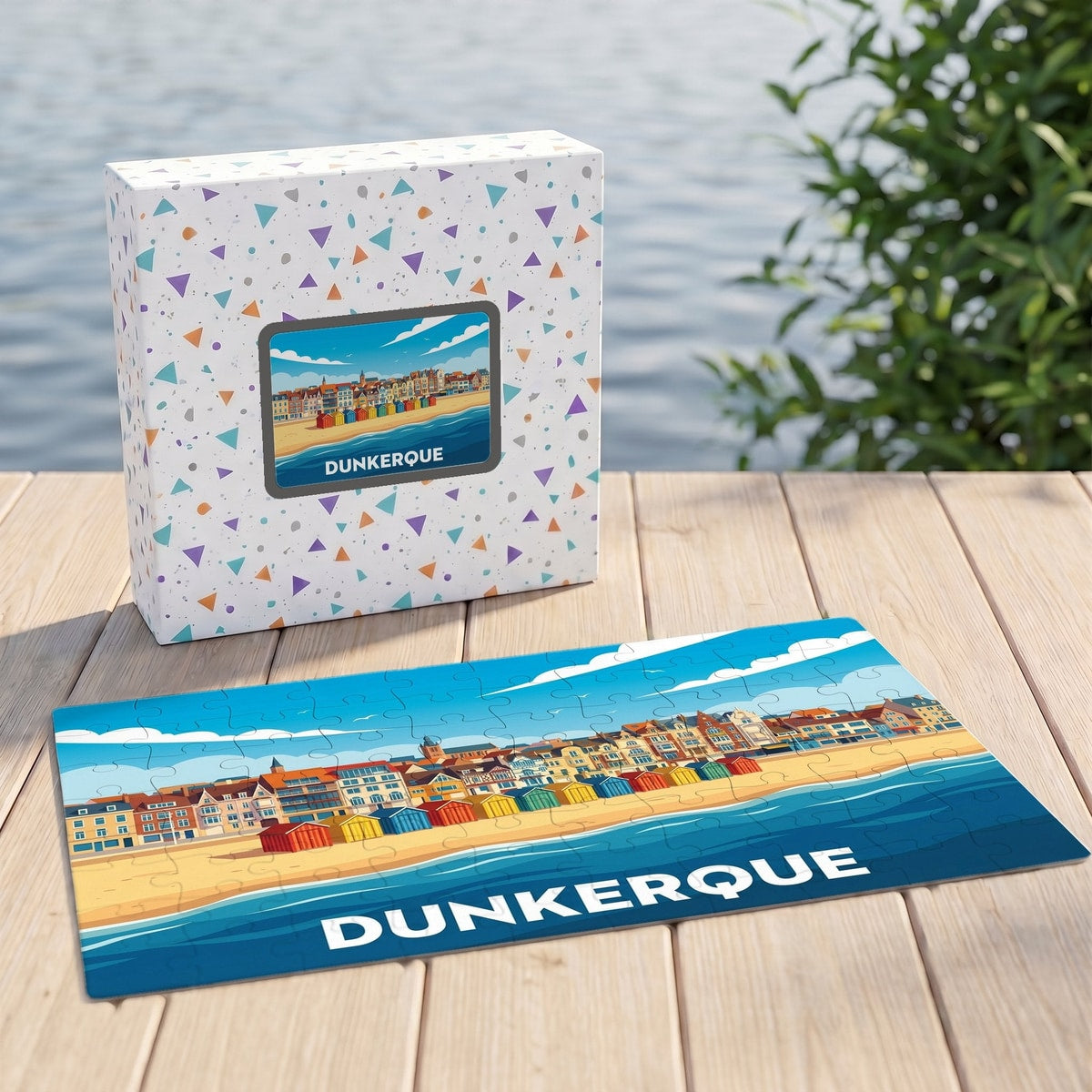 Puzzle souvenir de la ville de Dunkerque avec une illustration stylisée de son bord de mer.