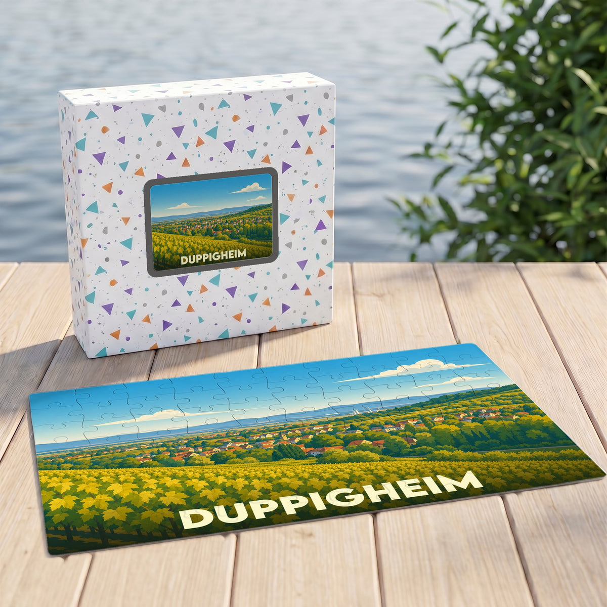 Puzzle souvenir de la ville de Duppigheim avec une illustration stylisée d'un paysage de vignobles.