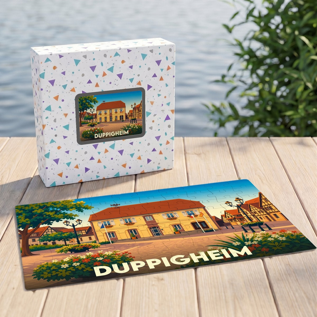 Puzzle souvenir de la ville de Duppigheim avec une illustration stylisée de sa place principale.