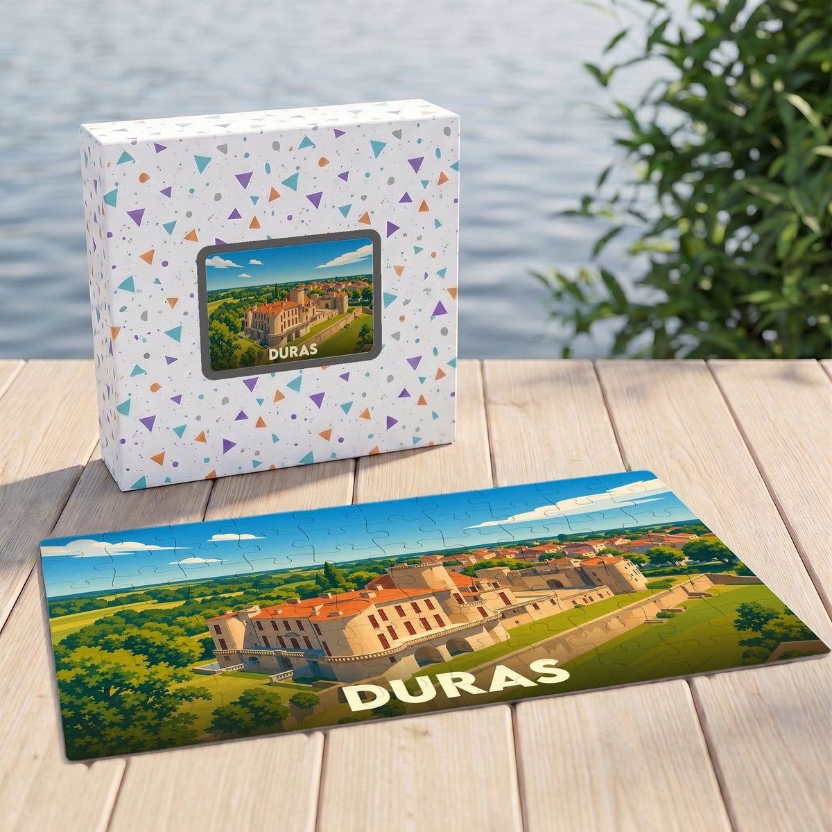 Puzzle souvenir de la ville de Duras avec une illustration stylisée de son château.