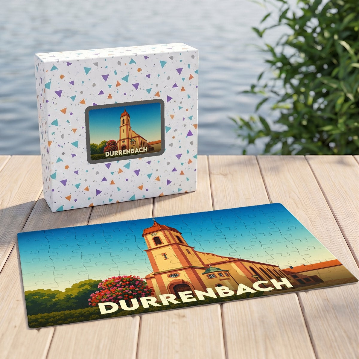 Puzzle souvenir de la ville de Durrenbach illustré d'une église stylisée et accompagné de sa boîte.