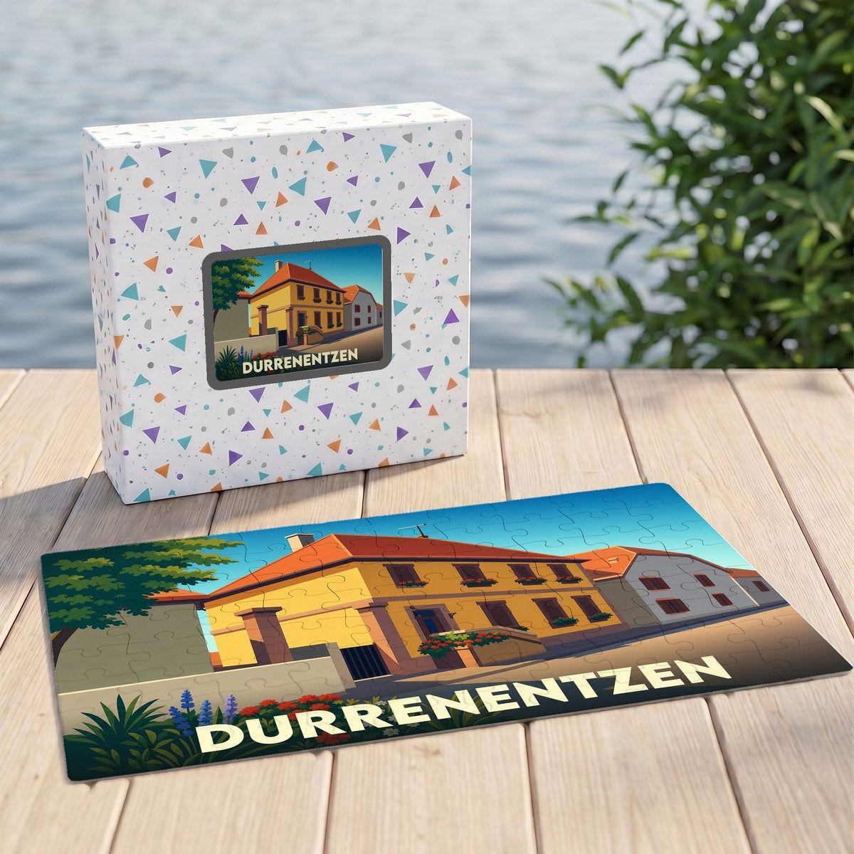 Puzzle souvenir de la ville de Durrenentzen avec une illustration stylisée d'une maison traditionnelle alsacienne.