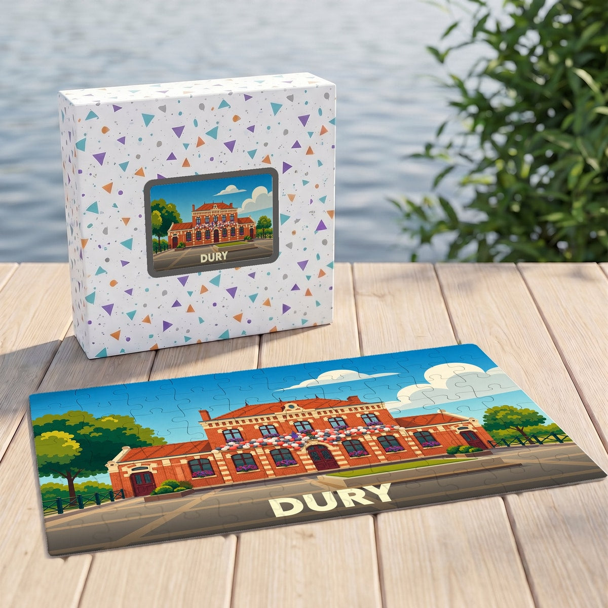 Puzzle souvenir de la ville de Dury avec une illustration stylisée de sa mairie.