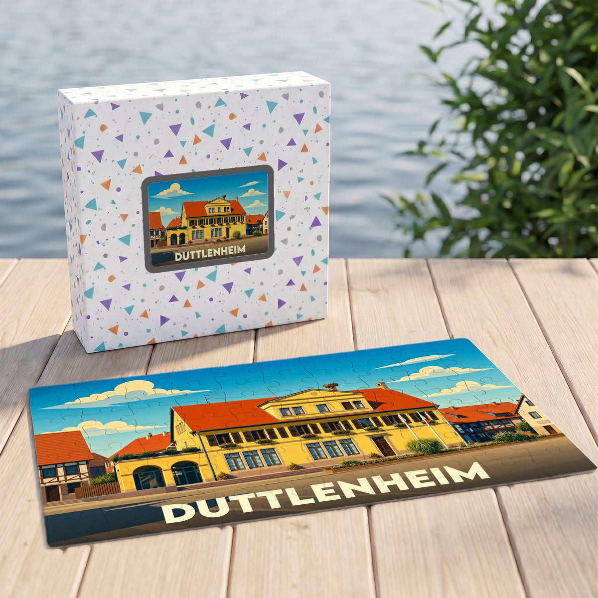 Puzzle souvenir de la ville de Duttlenheim avec une illustration colorée de ses bâtiments typiques.