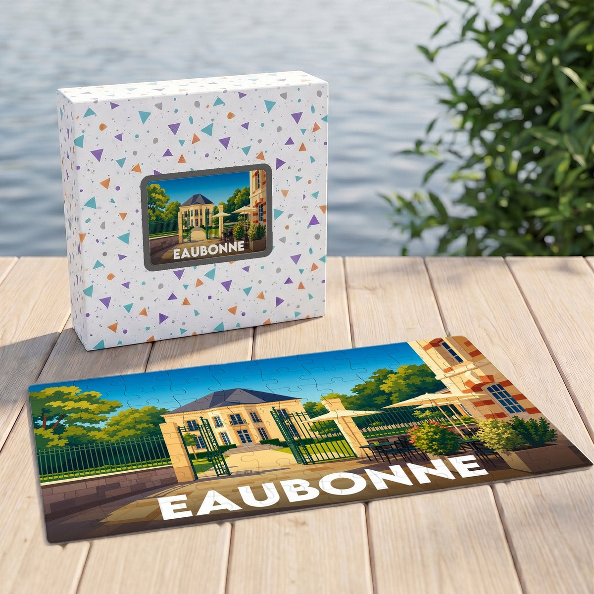 Puzzle souvenir de la ville d'Eaubonne avec une illustration stylisée et colorée de son patrimoine.