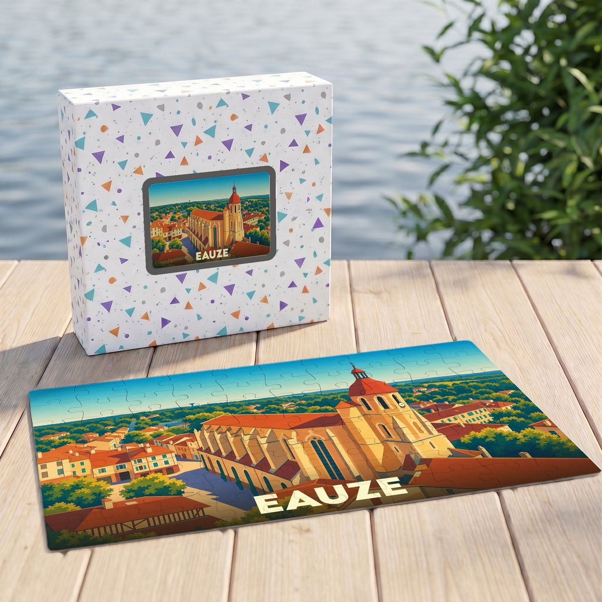 Puzzle souvenir de la ville d'Eauze présentant une illustration stylisée de sa cathédrale dans sa boîte assortie.