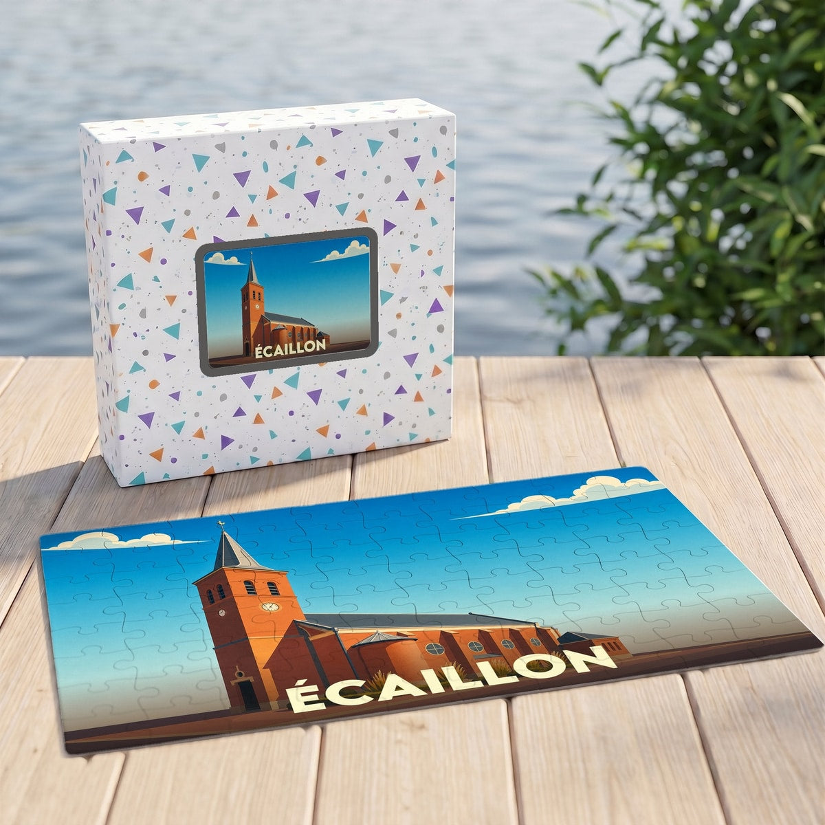 Puzzle souvenir de la ville de Écaillon illustré d'une église sous un ciel bleu.