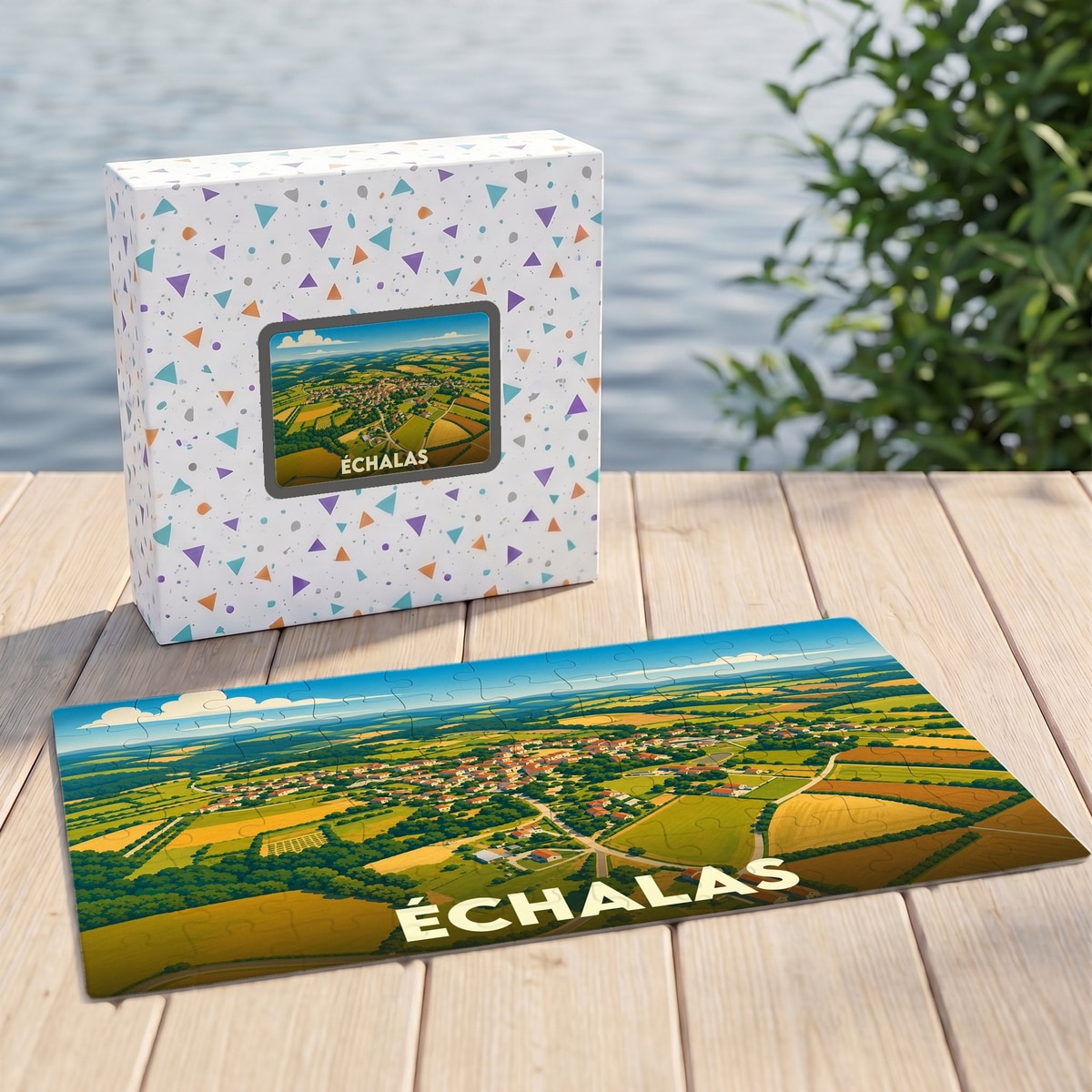 Puzzle souvenir de la ville de Échalas représentant une vue aérienne illustrée de la commune.