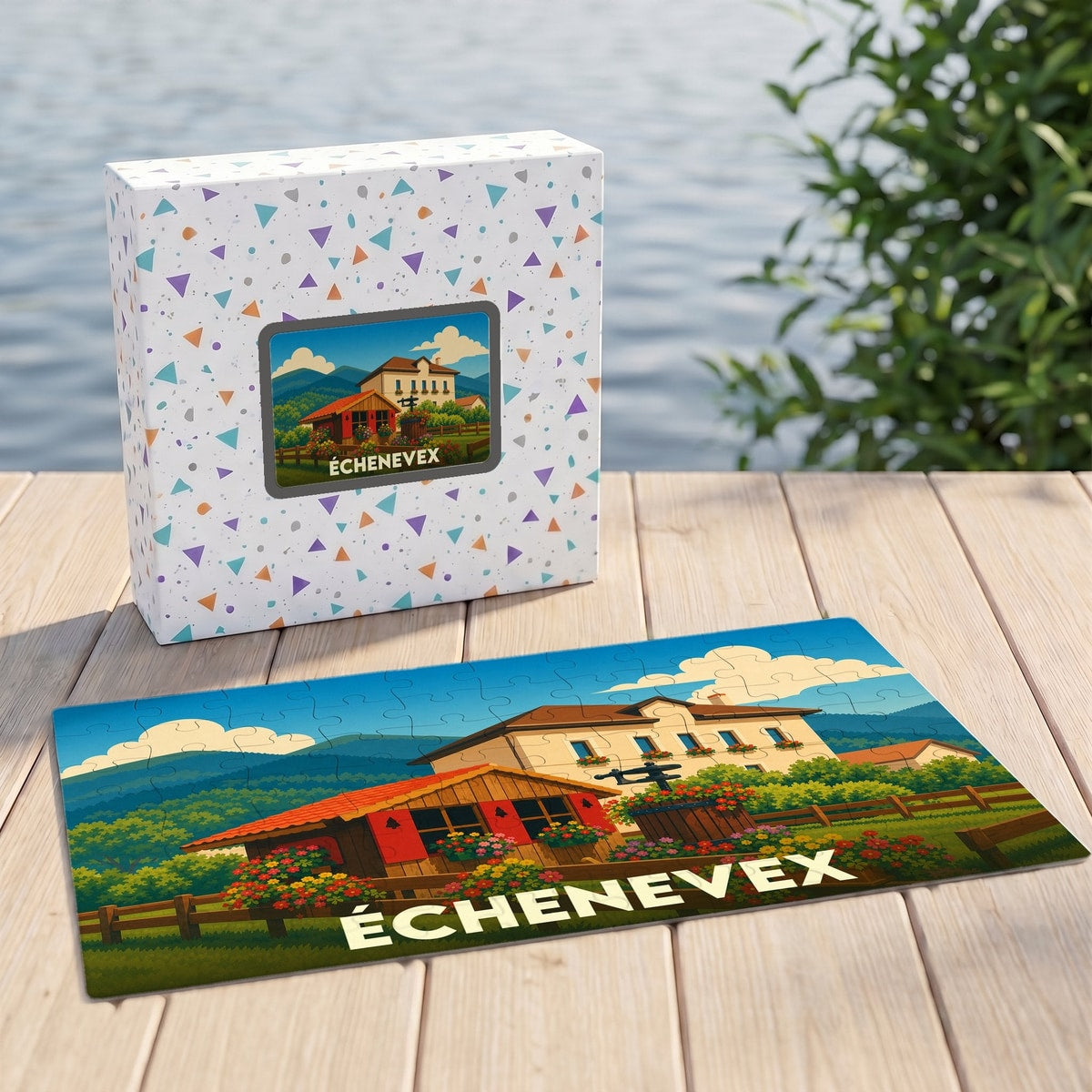 Puzzle souvenir de la ville d'Échenevex avec une illustration stylisée d'un paysage de montagne.