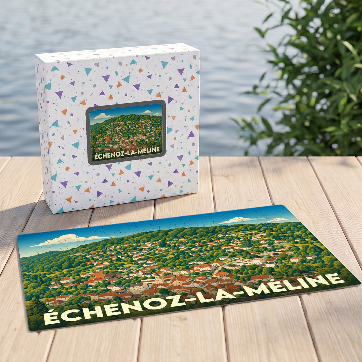 Puzzle souvenir de la ville d'Échenoz-la-Méline avec une illustration panoramique stylisée.