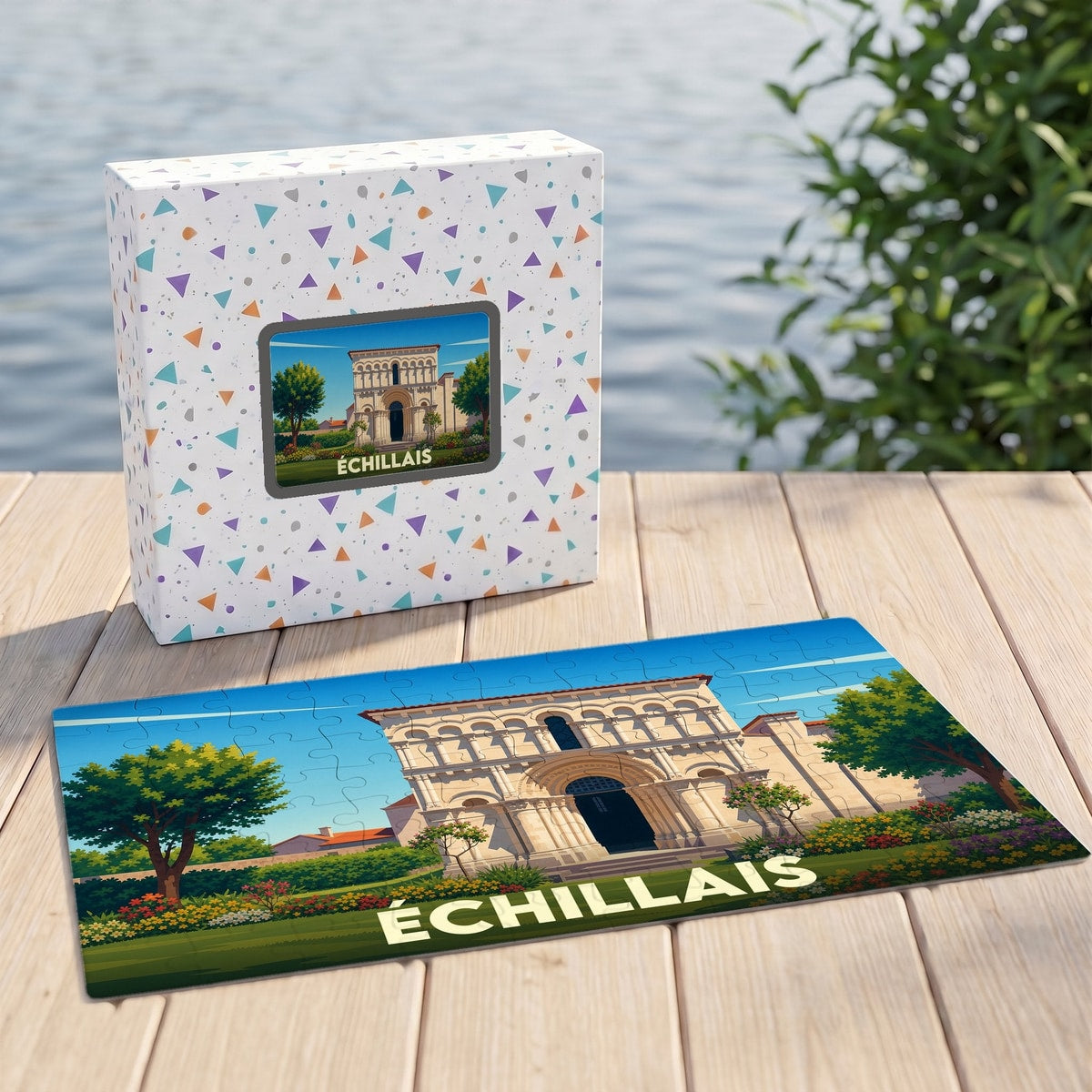 Puzzle souvenir de la ville d'Échillais avec une illustration stylisée de son église romane.
