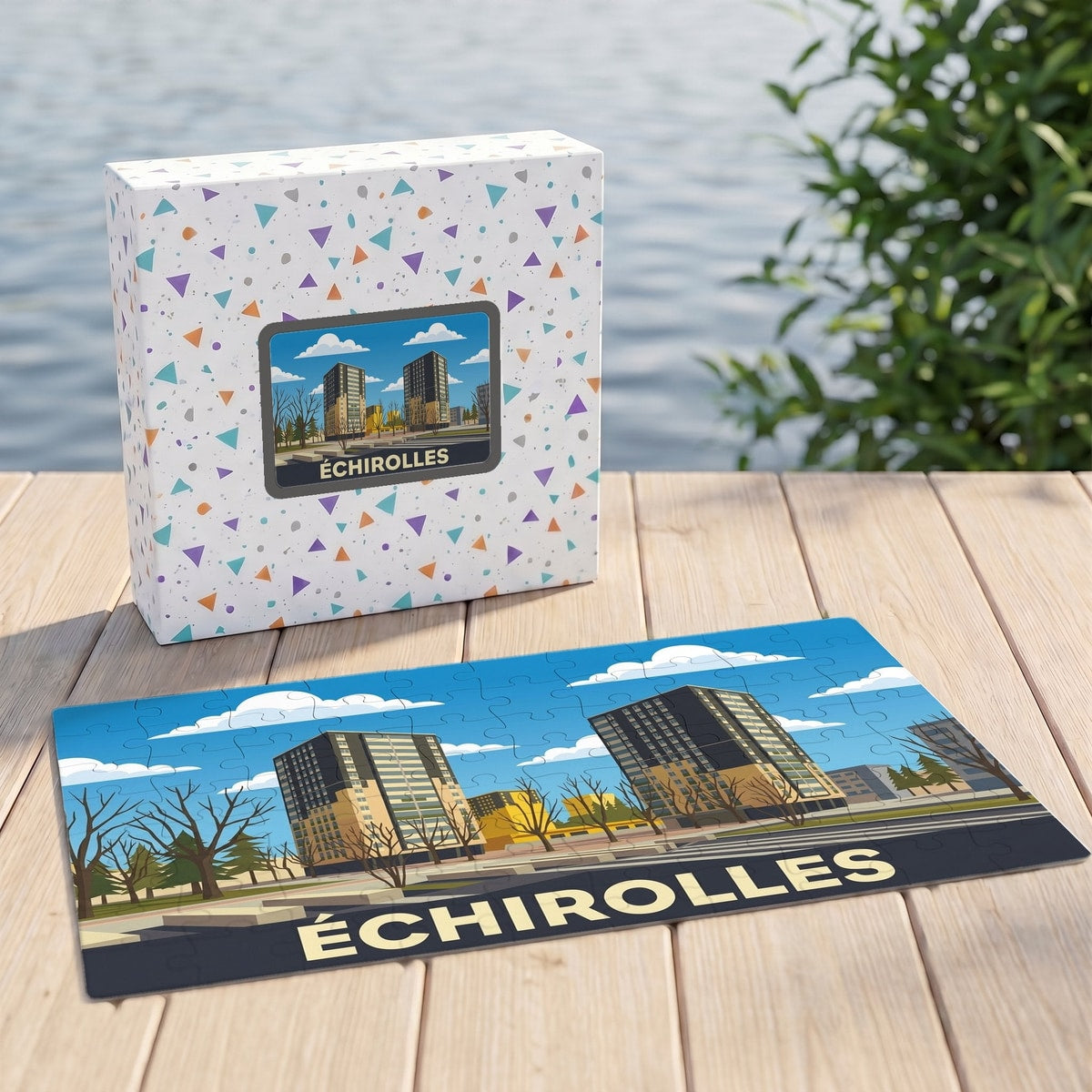 Puzzle souvenir de la ville d'Échirolles avec une illustration stylisée de ses bâtiments emblématiques.