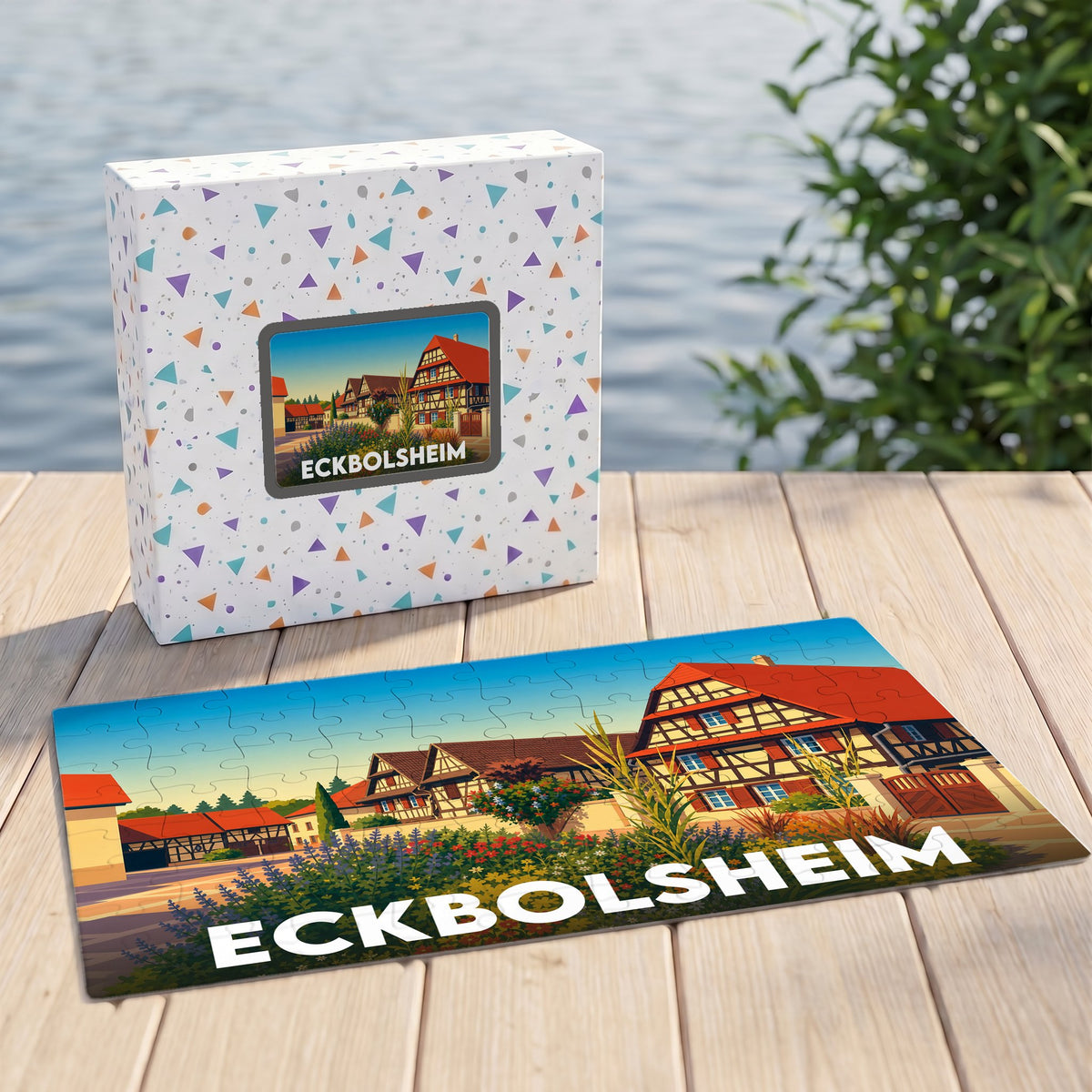 Puzzle souvenir de la ville d'Eckbolsheim illustrant des maisons à colombages traditionnelles.