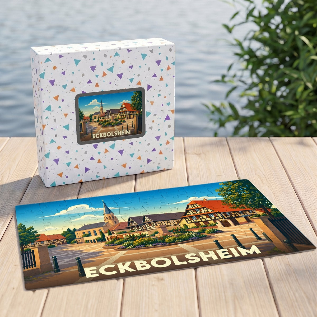 Puzzle souvenir de la ville d'Eckbolsheim avec une illustration stylisée et colorée de son centre historique.