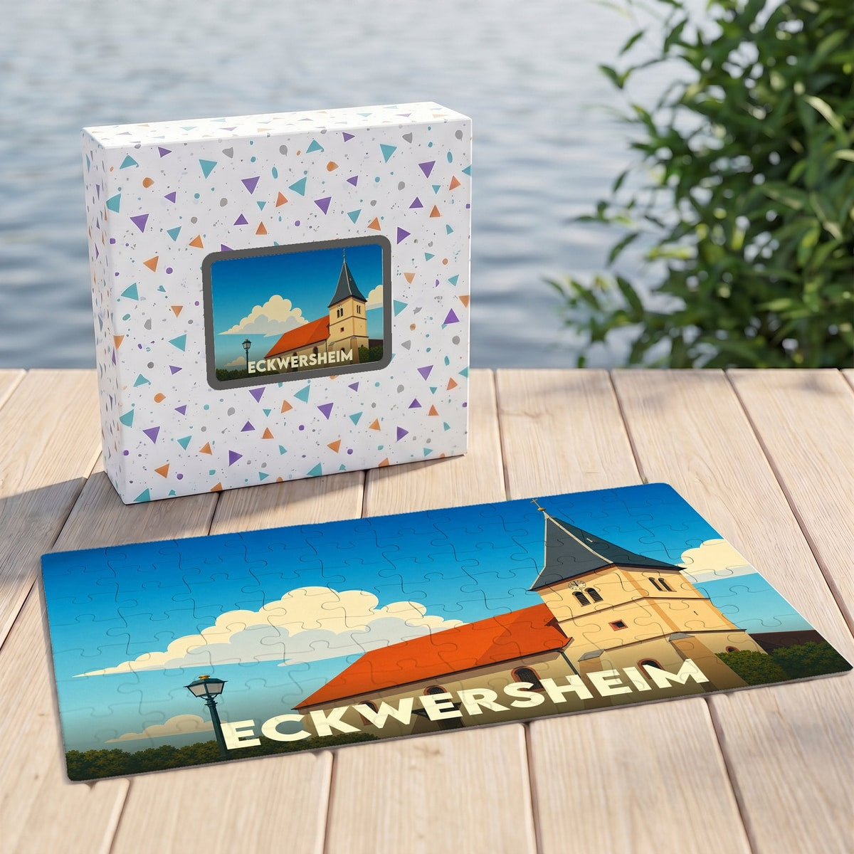 Puzzle souvenir de la ville d'Eckwersheim avec une illustration stylisée de son église.