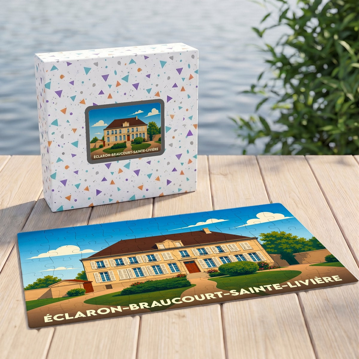 Puzzle souvenir de la ville d'Éclaron-Braucourt-Sainte-Livière avec une illustration stylisée d'un manoir.