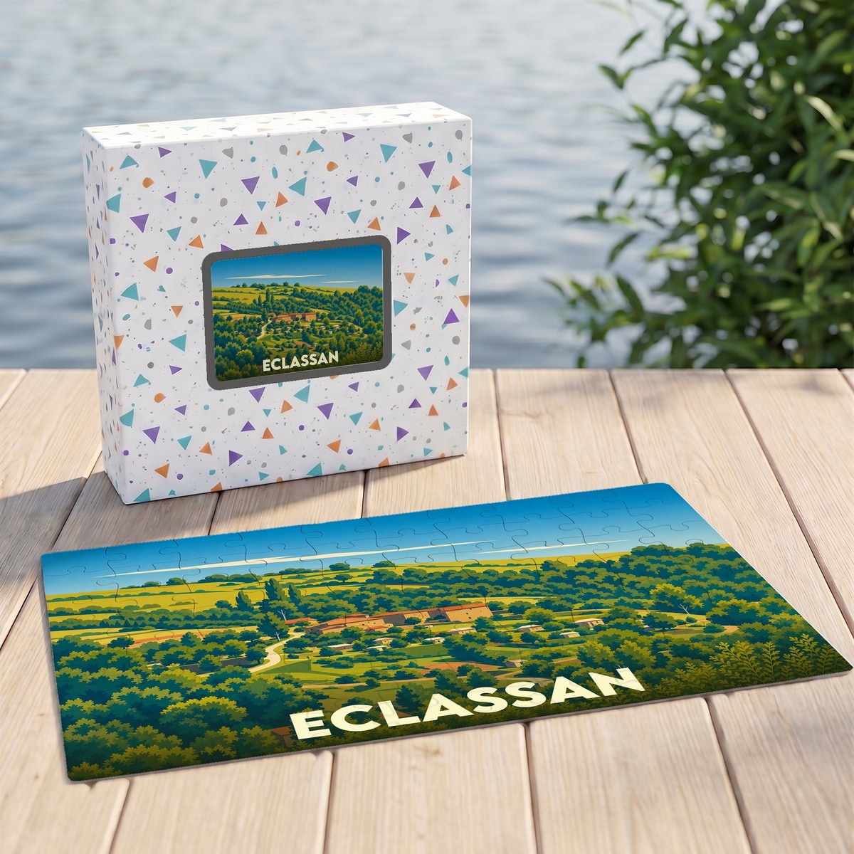 Puzzle souvenir de la ville de Eclassan avec une illustration de paysage champêtre stylisé.