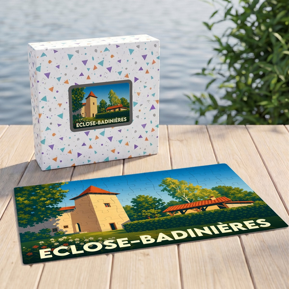 Puzzle souvenir de la ville d'Eclose-Badinières avec une illustration stylisée d'un paysage local.