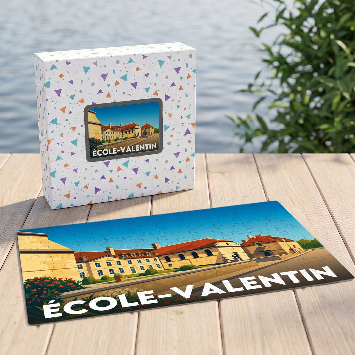 Puzzle souvenir de la ville de École-Valentin avec une illustration stylisée.