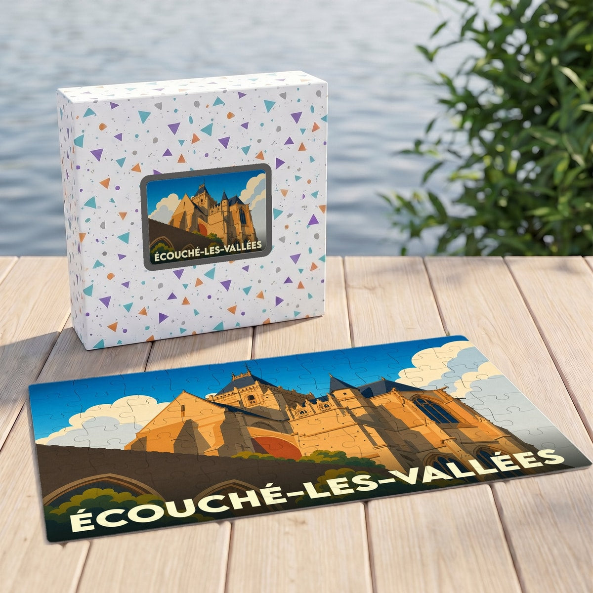 Puzzle souvenir de la ville d’Écouché-les-Vallées avec une illustration stylisée de son église.