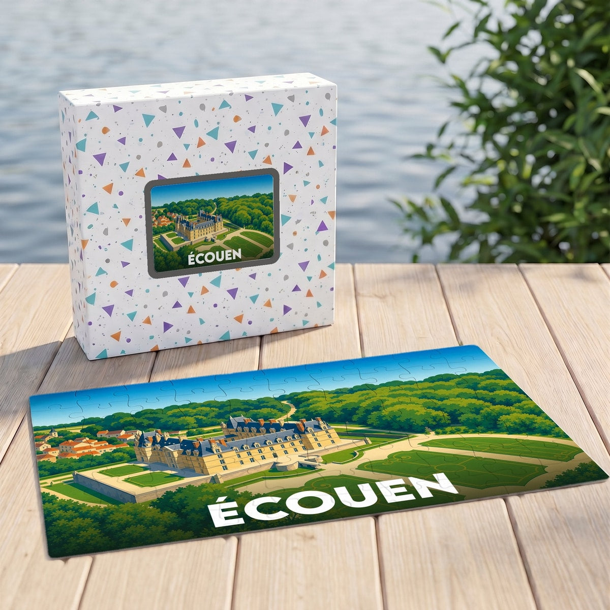 Puzzle souvenir de la ville d'Écouen avec une illustration stylisée du château et de son parc.