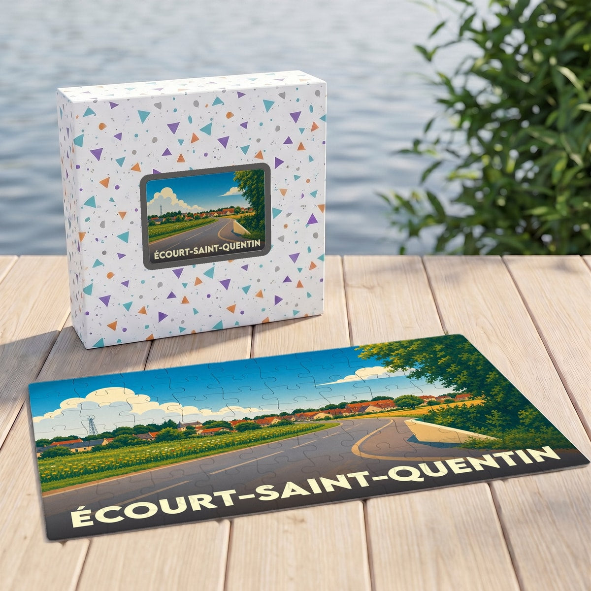 Puzzle souvenir de la ville de Écourt-Saint-Quentin avec une illustration paysagère stylisée.