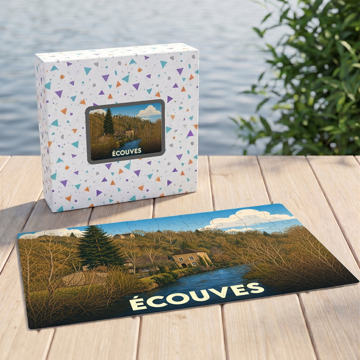 Puzzle souvenir de la ville de Écouves avec une illustration paysagère stylisée.