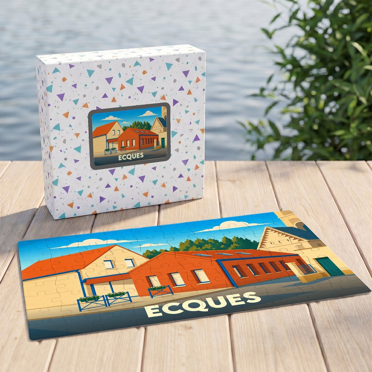 Puzzle souvenir de la ville d'Ecques avec une illustration stylisée et colorée.