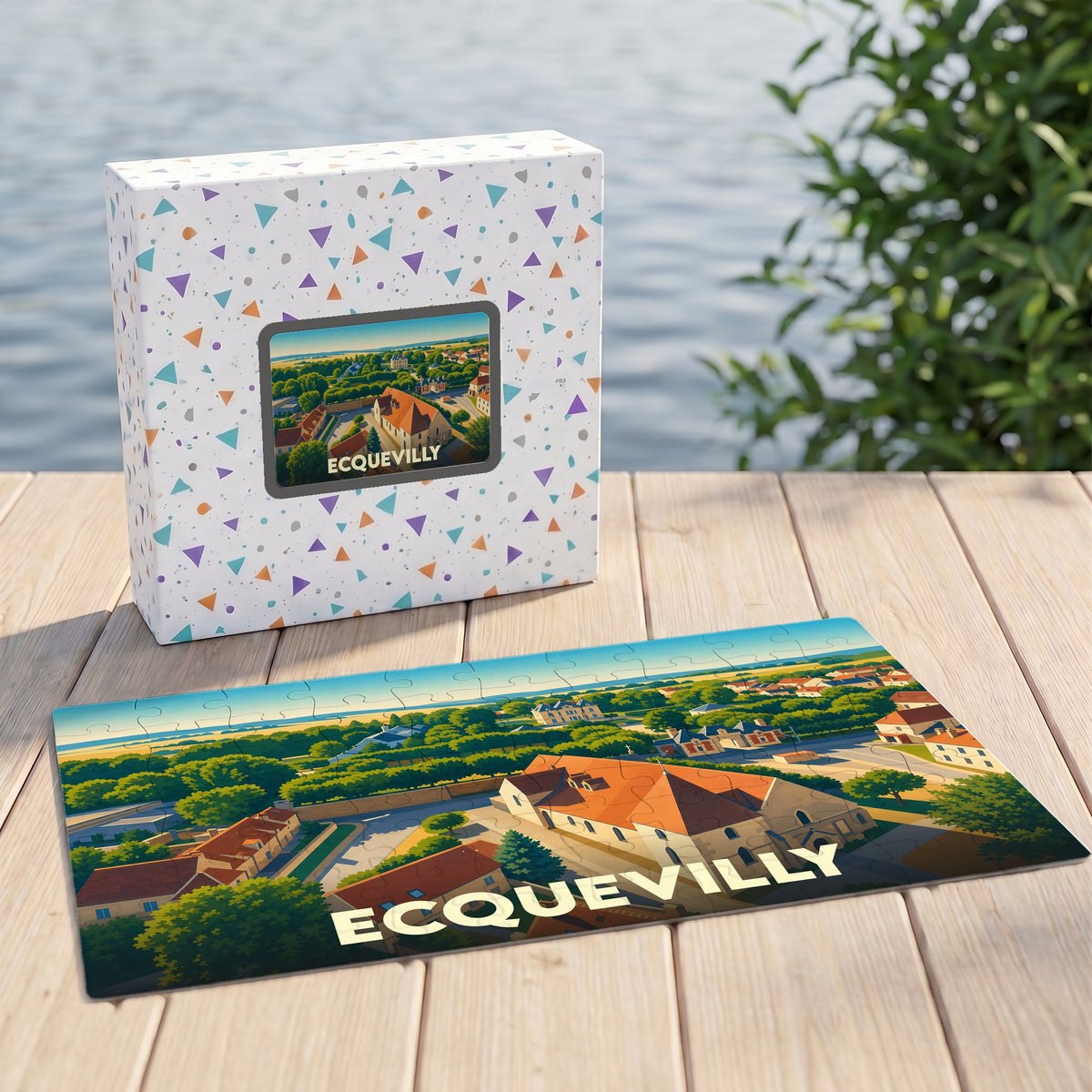 Puzzle souvenir de la ville de Ecquevilly présentant une illustration panoramique stylisée dans sa boîte assortie.