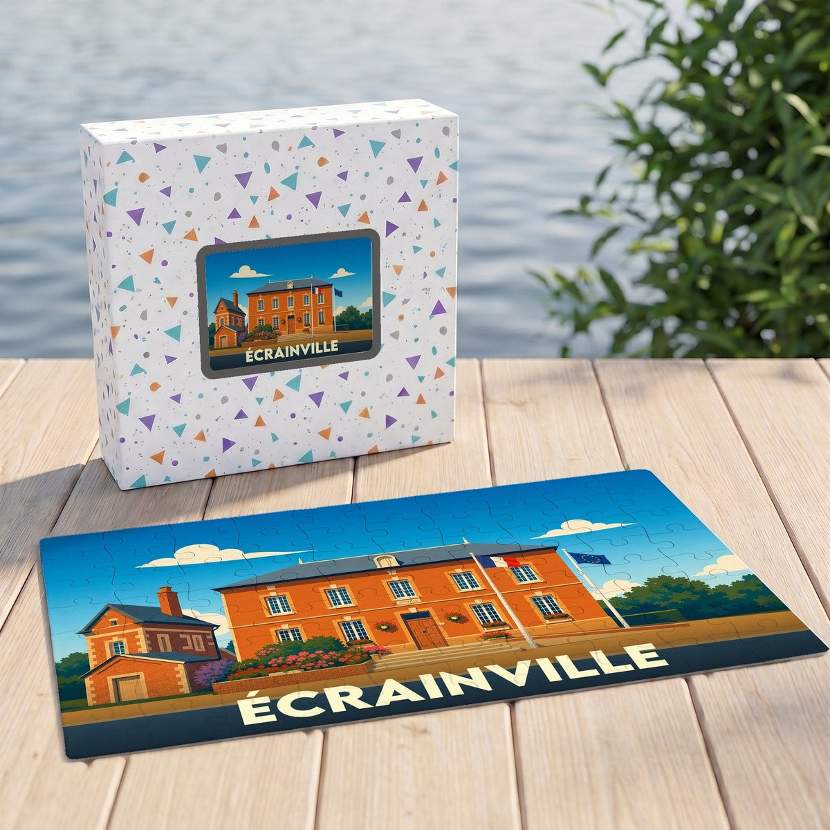 Puzzle souvenir de la ville de Écrainville avec une illustration stylisée d'un bâtiment communal.