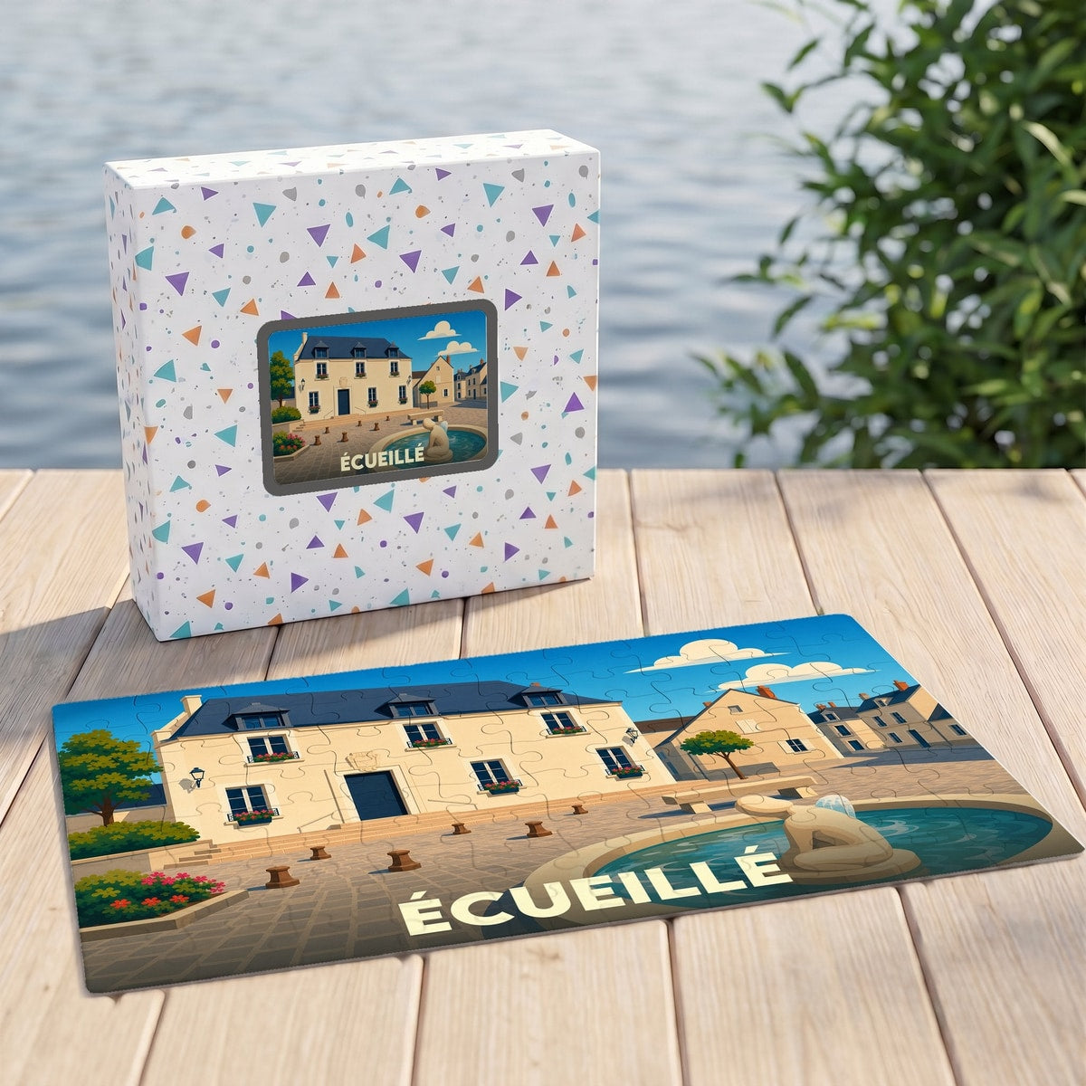 Puzzle souvenir de la ville d'Écueillé avec une illustration stylisée et colorée de sa place principale.